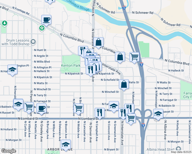 map of restaurants, bars, coffee shops, grocery stores, and more near 8116 North Denver Avenue in Portland