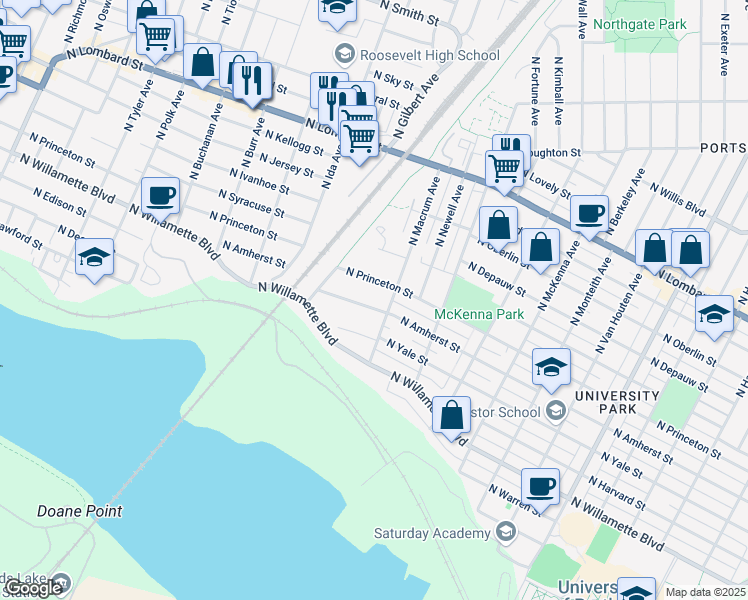 map of restaurants, bars, coffee shops, grocery stores, and more near 6639 North Amherst Street in Portland
