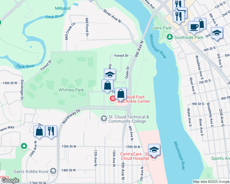 map of restaurants, bars, coffee shops, grocery stores, and more near 1025 18th Street North in St. Cloud