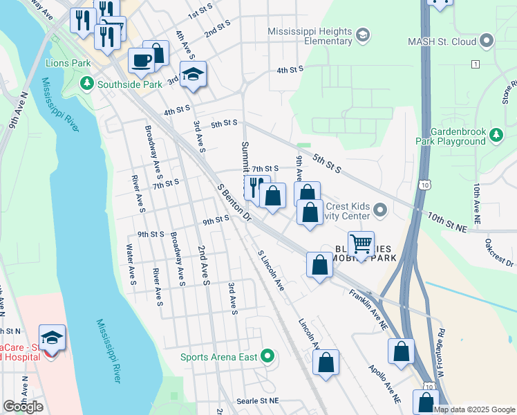 map of restaurants, bars, coffee shops, grocery stores, and more near 728 South Benton Drive in Sauk Rapids