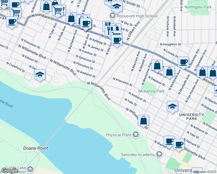 map of restaurants, bars, coffee shops, grocery stores, and more near 6806 North Amherst Street in Portland