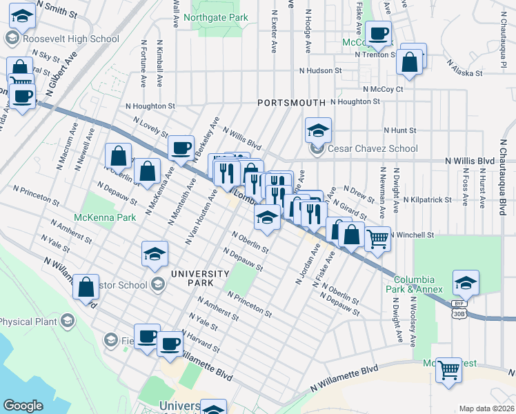 map of restaurants, bars, coffee shops, grocery stores, and more near 5262 North Lombard Street in Portland