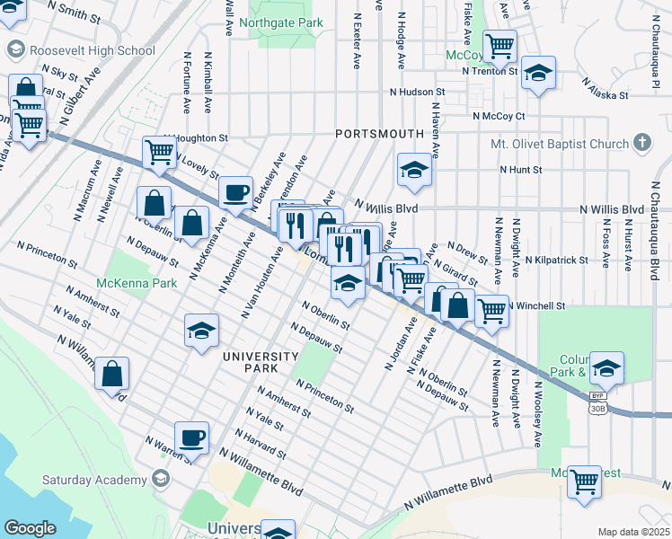 map of restaurants, bars, coffee shops, grocery stores, and more near 5262 North Lombard Street in Portland