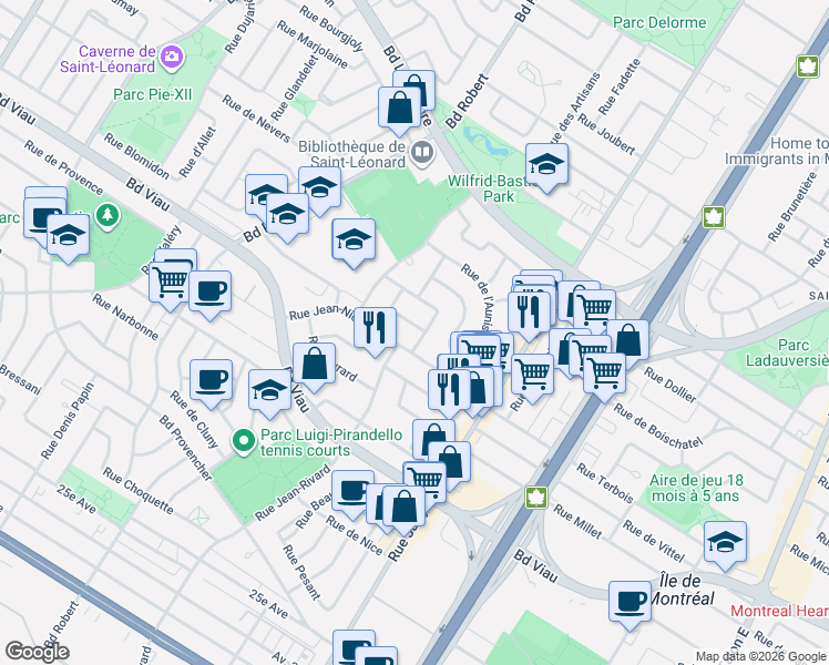 map of restaurants, bars, coffee shops, grocery stores, and more near 8240 Rue du Laus in Montréal