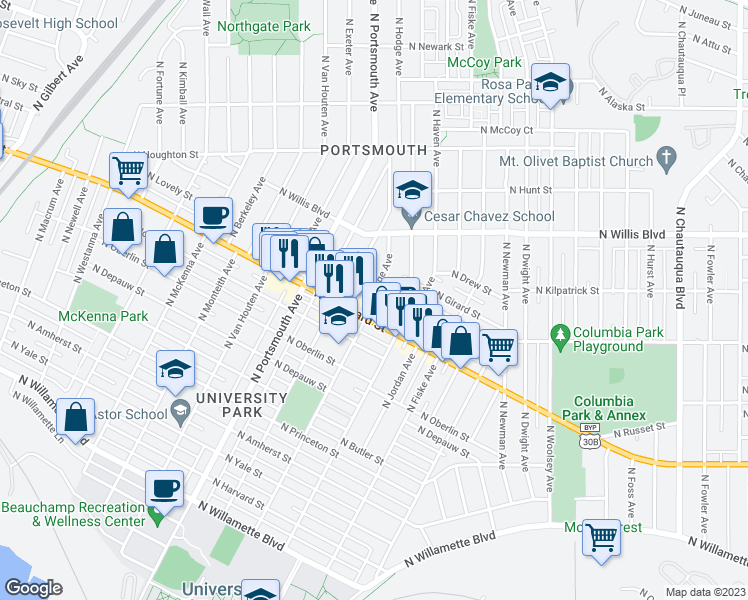 map of restaurants, bars, coffee shops, grocery stores, and more near 7616 North Hodge Avenue in Portland