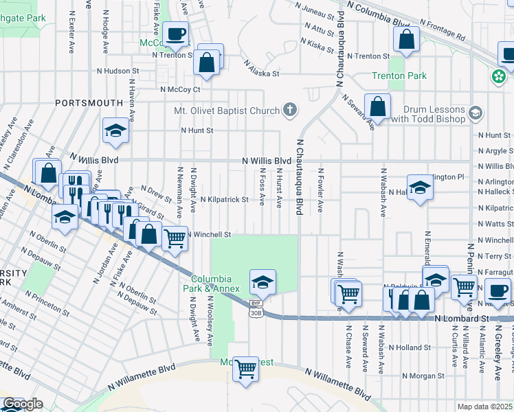 map of restaurants, bars, coffee shops, grocery stores, and more near 8041 North Foss Avenue in Portland