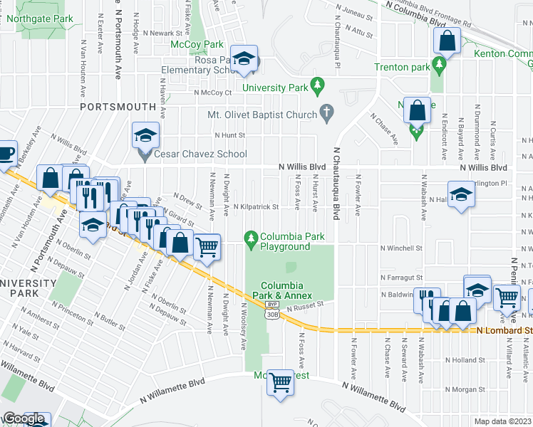 map of restaurants, bars, coffee shops, grocery stores, and more near 8102 North Dana Avenue in Portland