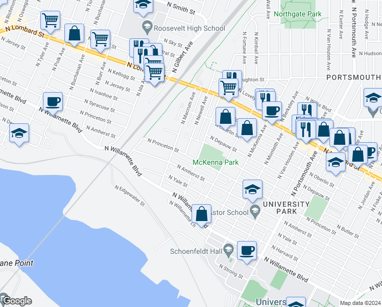 map of restaurants, bars, coffee shops, grocery stores, and more near 6427 North Princeton Street in Portland