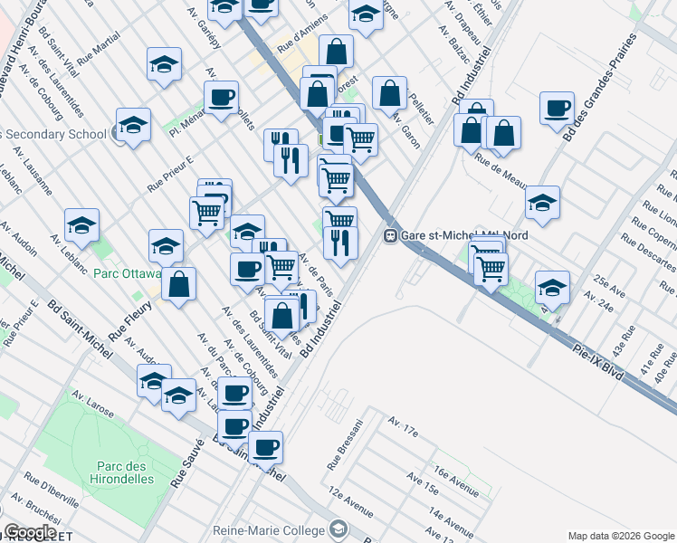map of restaurants, bars, coffee shops, grocery stores, and more near 10021 Avenue de London in Montréal