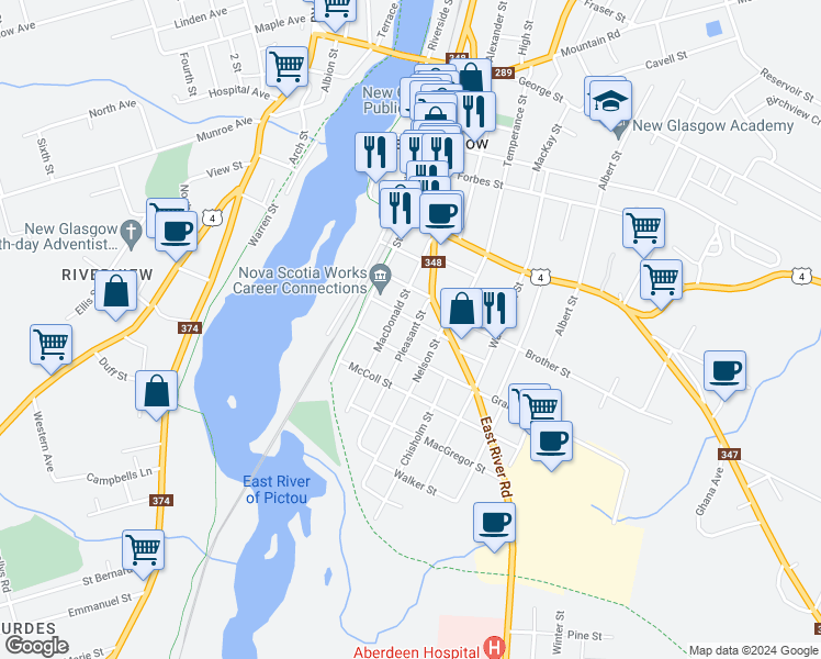 map of restaurants, bars, coffee shops, grocery stores, and more near 409 Pleasant Street in New Glasgow
