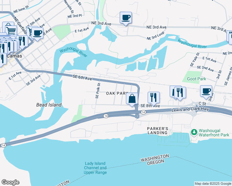 map of restaurants, bars, coffee shops, grocery stores, and more near in Camas