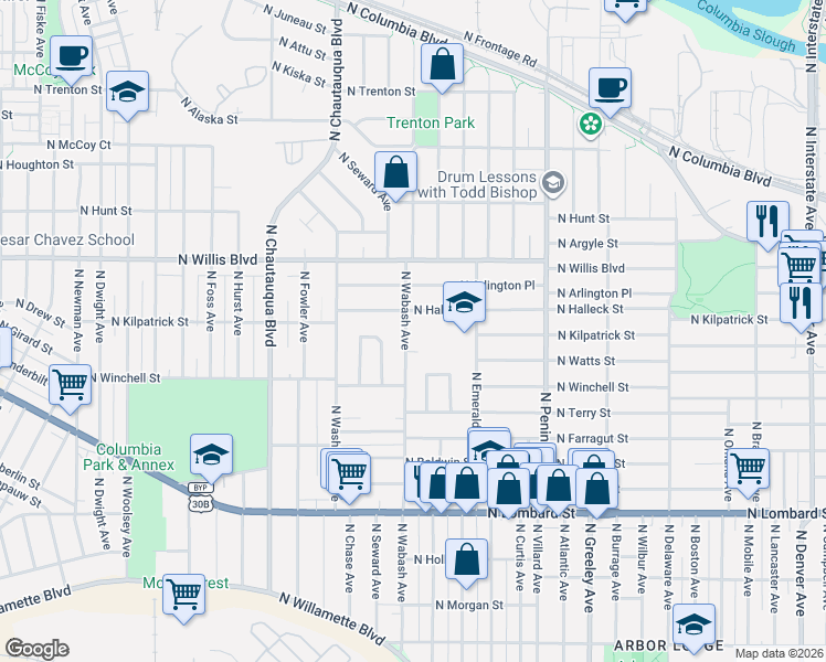 map of restaurants, bars, coffee shops, grocery stores, and more near 8103 North Wabash Avenue in Portland