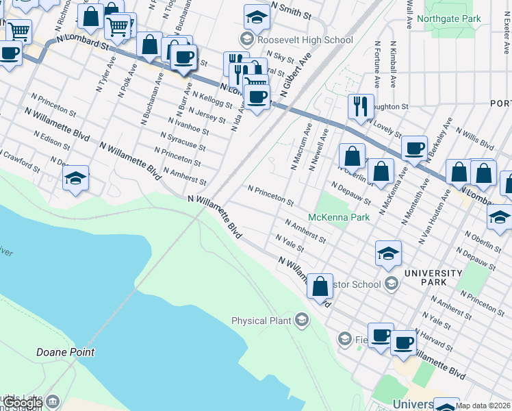 map of restaurants, bars, coffee shops, grocery stores, and more near 6639 North Amherst Street in Portland