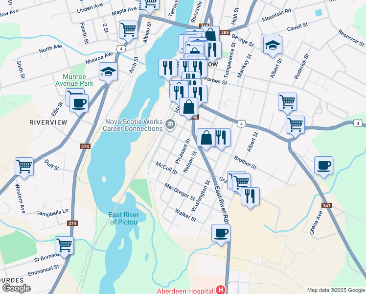 map of restaurants, bars, coffee shops, grocery stores, and more near 409 Pleasant Street in New Glasgow