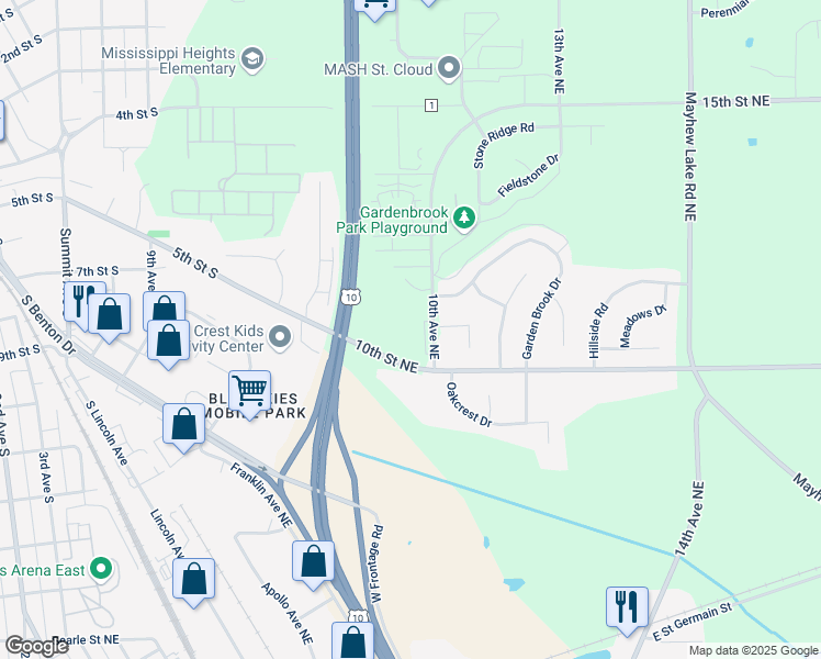 map of restaurants, bars, coffee shops, grocery stores, and more near 1009 10th Avenue Northeast in Sauk Rapids