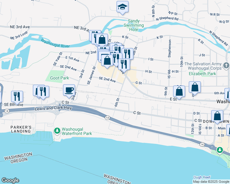 map of restaurants, bars, coffee shops, grocery stores, and more near 271 Southeast Lechner Street in Camas