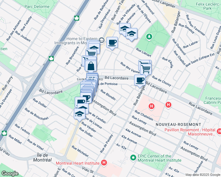map of restaurants, bars, coffee shops, grocery stores, and more near 7187 Rue Deslierres in Montreal