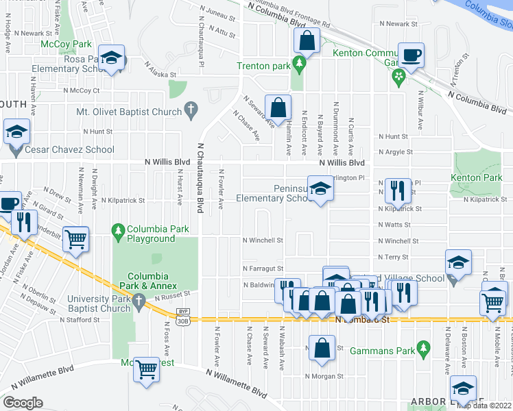 map of restaurants, bars, coffee shops, grocery stores, and more near 8044 North Seward Avenue in Portland