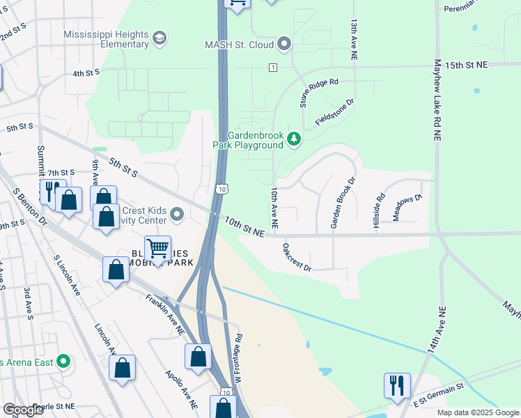 map of restaurants, bars, coffee shops, grocery stores, and more near 1009 10th Avenue Northeast in Sauk Rapids