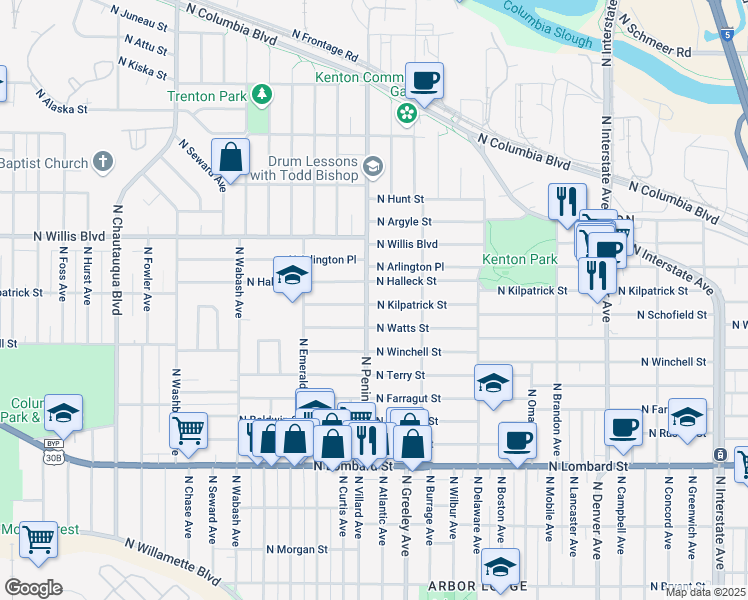 map of restaurants, bars, coffee shops, grocery stores, and more near 8204 North Peninsular Avenue in Portland