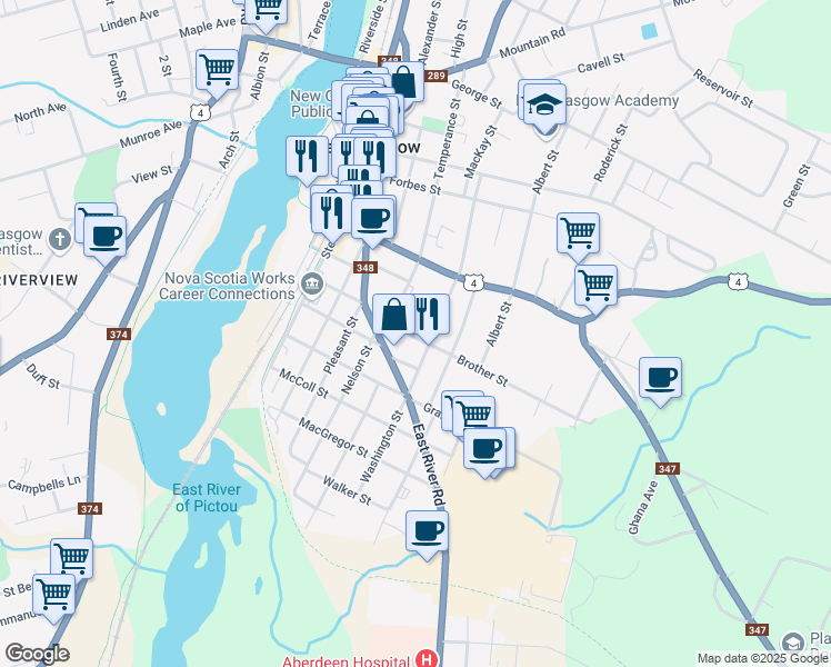 map of restaurants, bars, coffee shops, grocery stores, and more near 370 Ann Street in New Glasgow