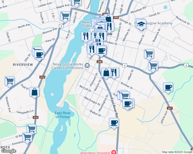 map of restaurants, bars, coffee shops, grocery stores, and more near 400 Pleasant Street in New Glasgow