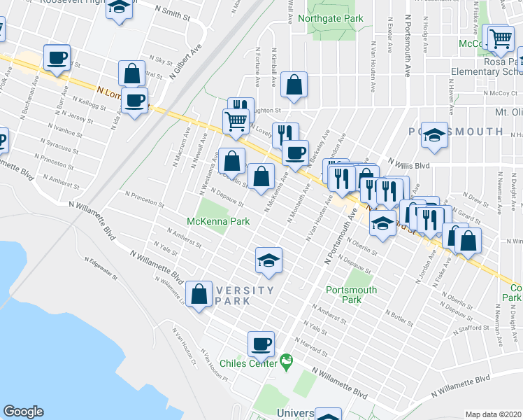 map of restaurants, bars, coffee shops, grocery stores, and more near 7305 North McKenna Avenue in Portland