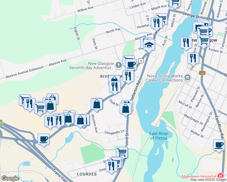 map of restaurants, bars, coffee shops, grocery stores, and more near 291 Westville Road in New Glasgow