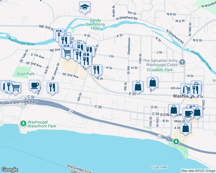 map of restaurants, bars, coffee shops, grocery stores, and more near 779 E Street in Washougal