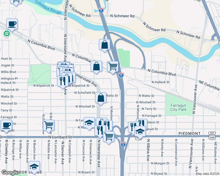 map of restaurants, bars, coffee shops, grocery stores, and more near 1310 North Kilpatrick Street in Portland