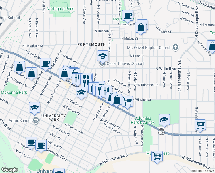 map of restaurants, bars, coffee shops, grocery stores, and more near 7816 North Haven Avenue in Portland