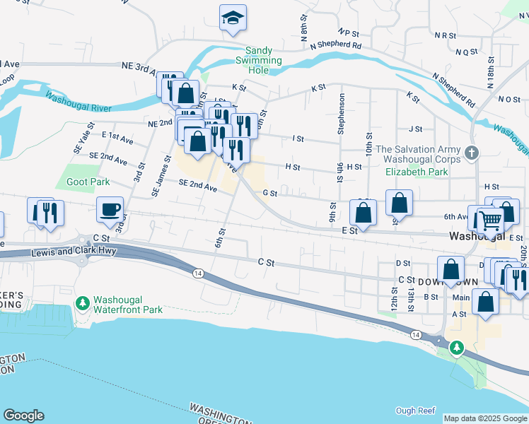 map of restaurants, bars, coffee shops, grocery stores, and more near 728 E Street in Washougal