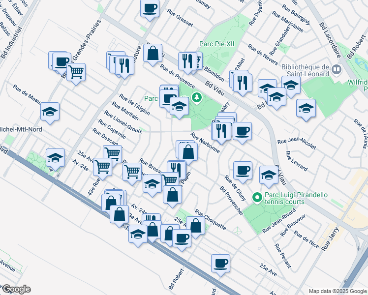 map of restaurants, bars, coffee shops, grocery stores, and more near 8790 Rue Marconi in Montréal