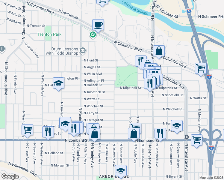 map of restaurants, bars, coffee shops, grocery stores, and more near 2509 North Kilpatrick Street in Portland