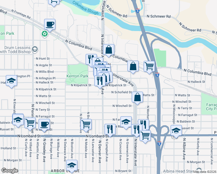 map of restaurants, bars, coffee shops, grocery stores, and more near 1906 North Kilpatrick Street in Portland