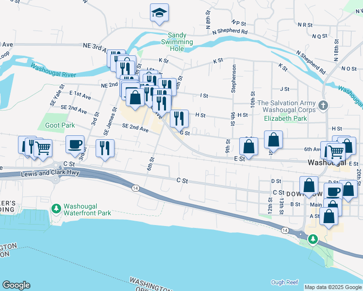 map of restaurants, bars, coffee shops, grocery stores, and more near 728 E Street in Washougal