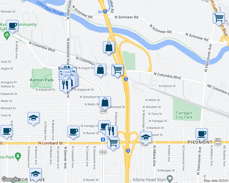 map of restaurants, bars, coffee shops, grocery stores, and more near 1310 North Kilpatrick Street in Portland