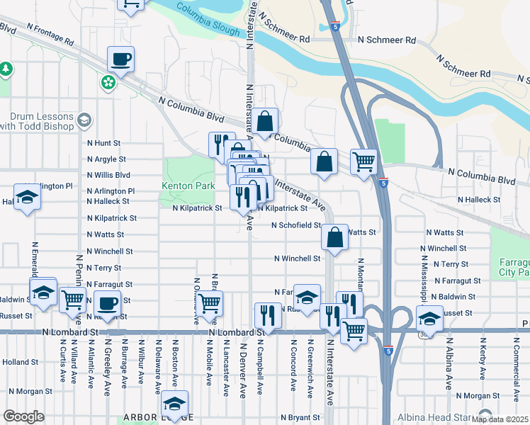 map of restaurants, bars, coffee shops, grocery stores, and more near 8116 North Denver Avenue in Portland