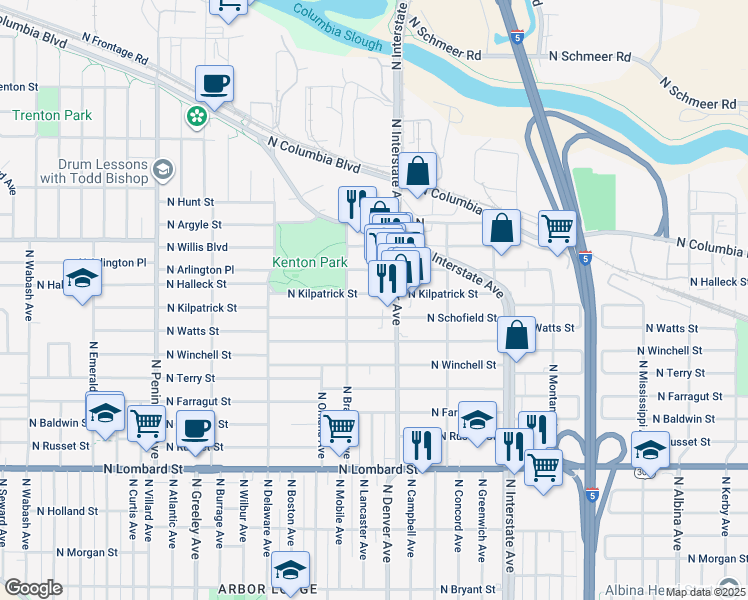 map of restaurants, bars, coffee shops, grocery stores, and more near 2044 North Kilpatrick Street in Portland