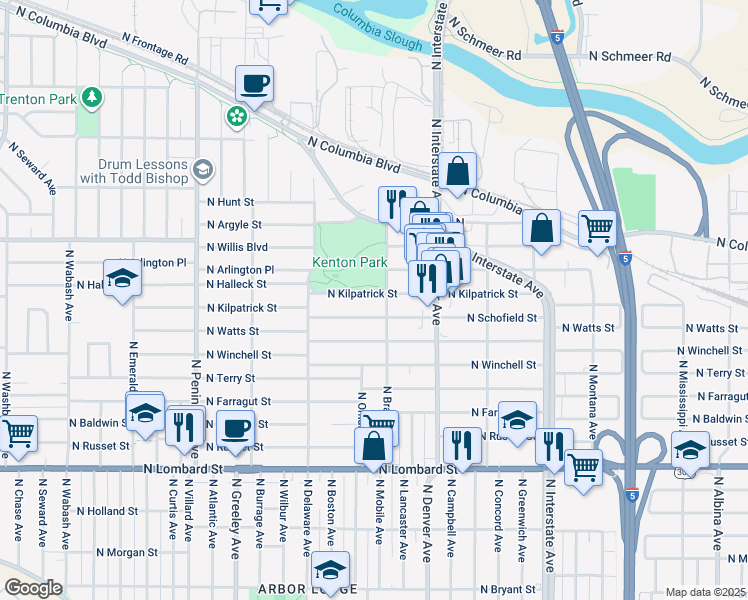 map of restaurants, bars, coffee shops, grocery stores, and more near 2221 North Schofield Street in Portland