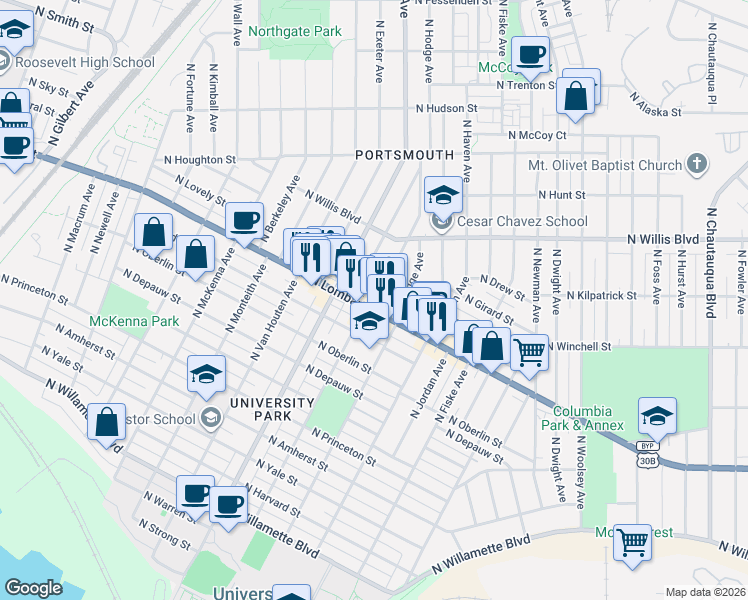 map of restaurants, bars, coffee shops, grocery stores, and more near in Portland