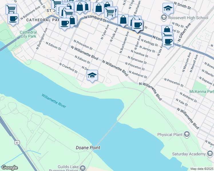 map of restaurants, bars, coffee shops, grocery stores, and more near 7529 North Edgewater Avenue in Portland