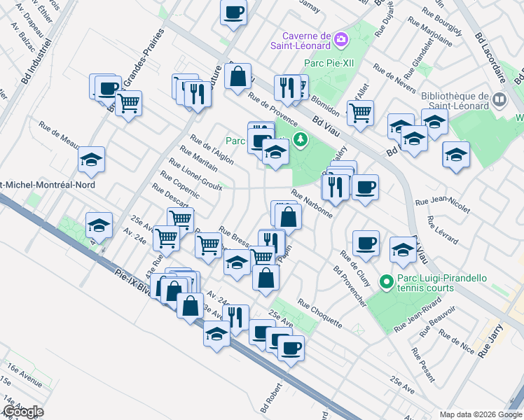 map of restaurants, bars, coffee shops, grocery stores, and more near 8862 Boulevard Provencher in Montréal