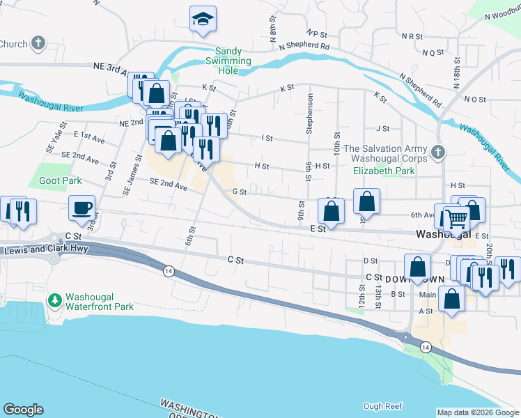 map of restaurants, bars, coffee shops, grocery stores, and more near 781 E Street in Washougal