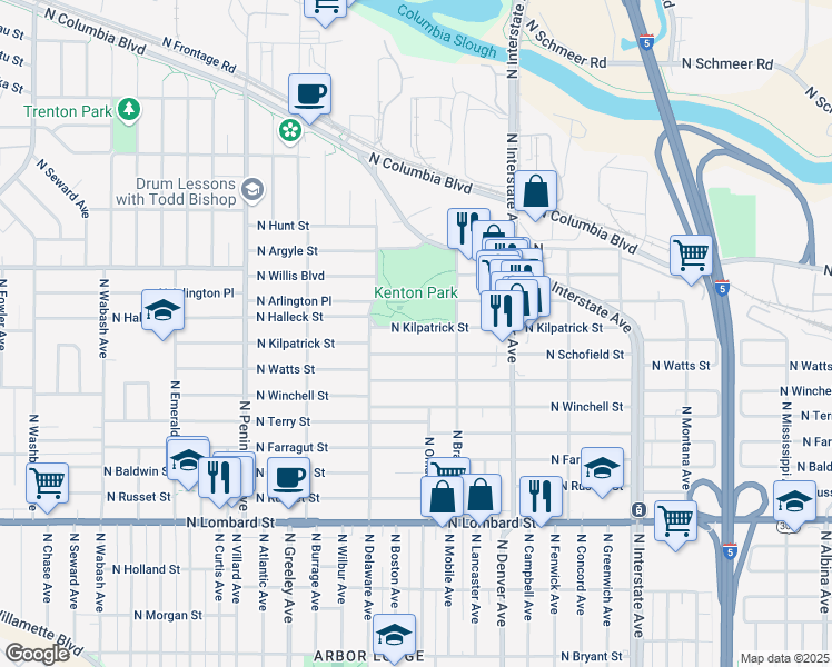 map of restaurants, bars, coffee shops, grocery stores, and more near 2341 North Schofield Street in Portland