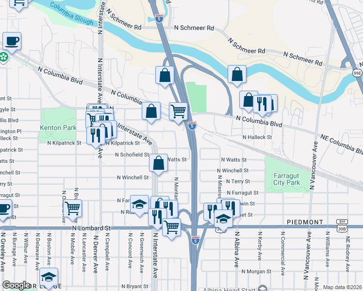 map of restaurants, bars, coffee shops, grocery stores, and more near 1255 North Kilpatrick Street in Portland