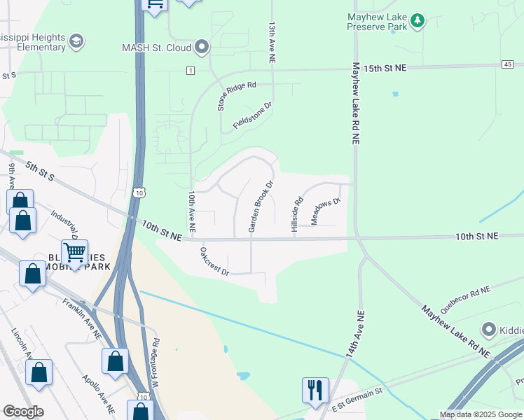 map of restaurants, bars, coffee shops, grocery stores, and more near 1018 Garden Brook Drive in Sauk Rapids