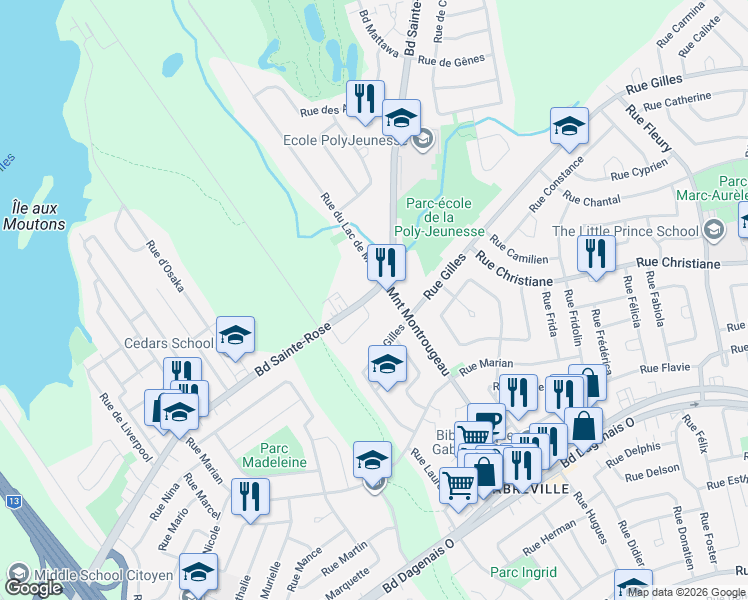 map of restaurants, bars, coffee shops, grocery stores, and more near 3638 Boulevard Sainte-Rose in Laval