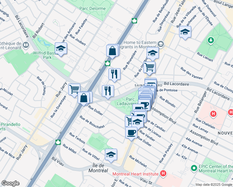 map of restaurants, bars, coffee shops, grocery stores, and more near 5445 Rue de Meudon in Montréal