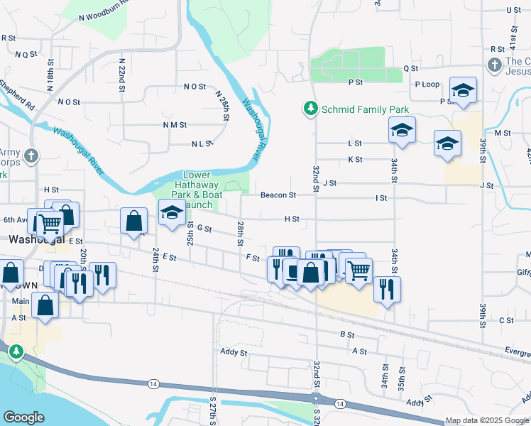 map of restaurants, bars, coffee shops, grocery stores, and more near 2875 H Street in Washougal